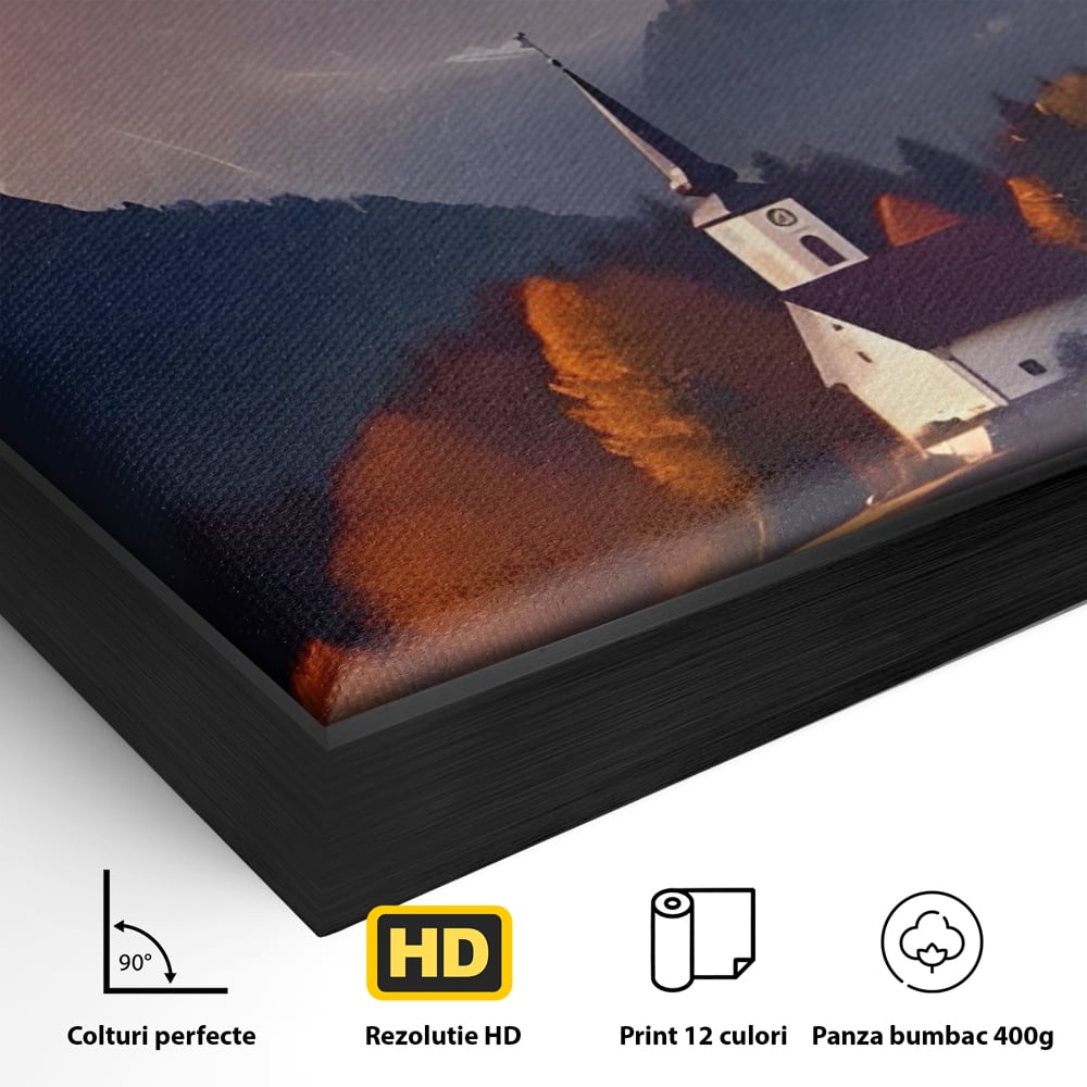 Detaliu al suprafetei: tablou canvas cu biserica la apus, in rama de aluminiu negru